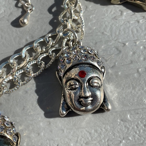 Buddha necklace earrings bracelet set new silvertone goldtone red crystal - Picture 9 of 11